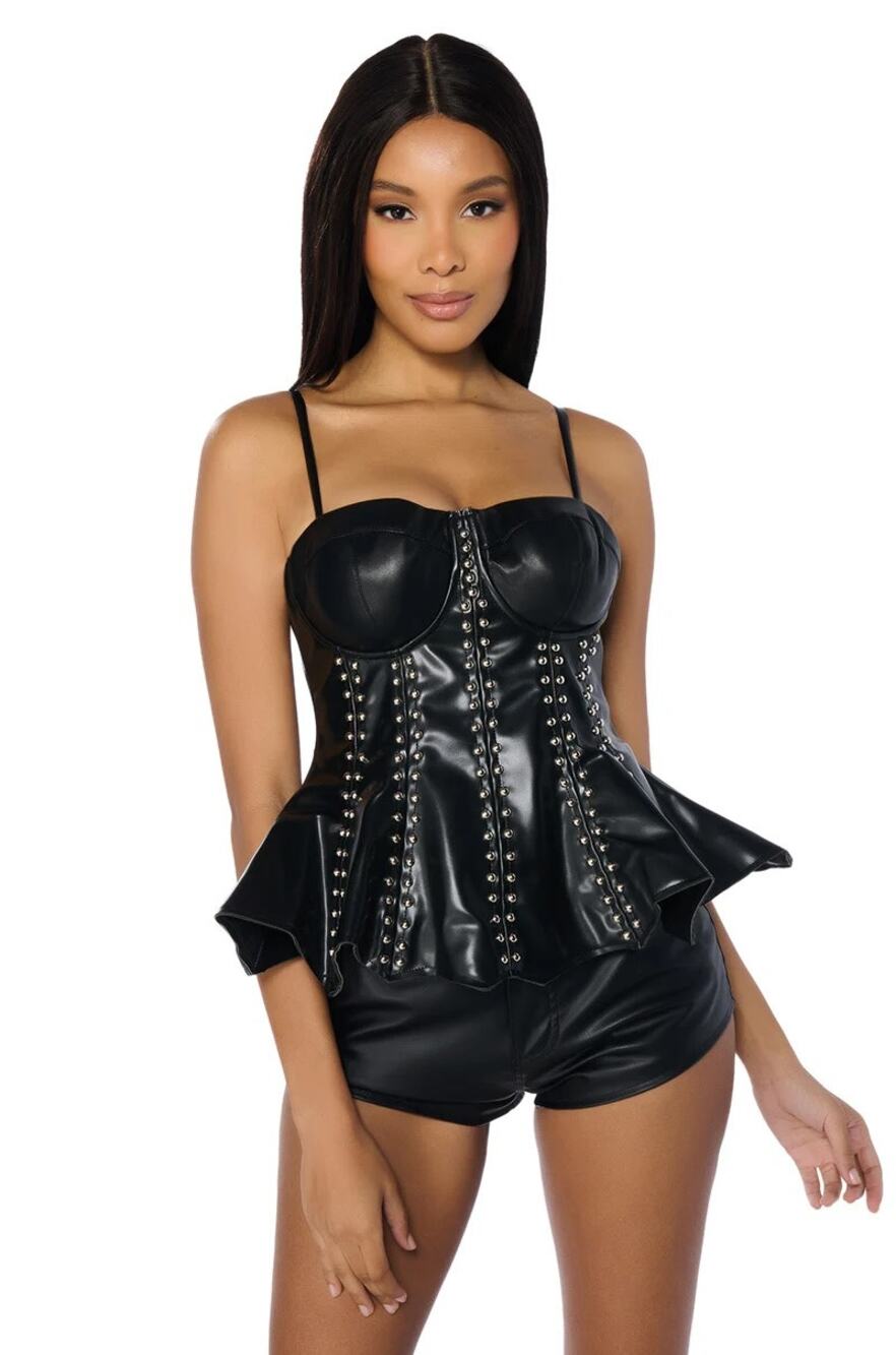 Akira Estelle Faux Leather Peplum Studded Corset Top Black S